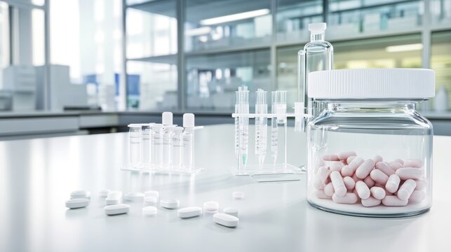 Close-up of pharmaceutical bottles and pills in a modern laboratory setting, showcasing medical research and product development.