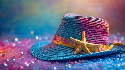 A lively hat adorned with a starfish lies on a sparkling, colorful surface; showcasing vibrant summer colors and an atmosphere of warmth and joy.