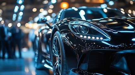 A sleek and stylish glossy black sports car is positioned under bright showroom lights, highlighting its modern aerodynamic design and luxurious features.