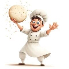 Naklejka premium Cartoon pizza chef tossing dough in the air on a white background.