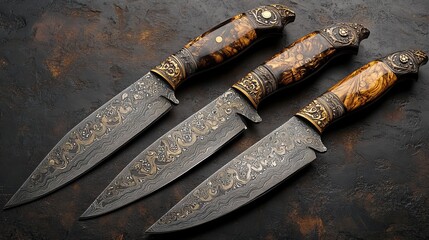 A set of three beautifully crafted knives featuring intricate damascus pattern blades and detailed, ornate handles, perfect for collectors or enthusiasts.