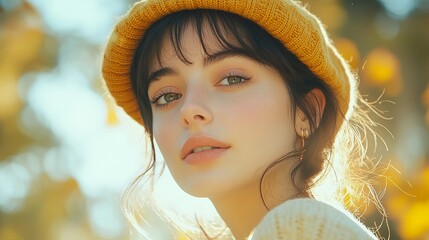 A close-up portrait of a young woman wearing a yellow beret and sweater, epitomizing serene beauty and enjoying the golden hues of a sunny autumn day.