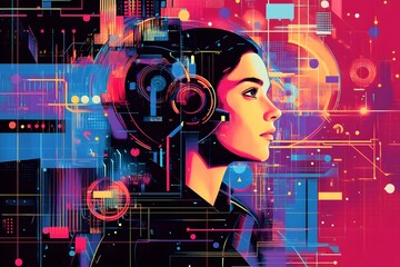 A Woman's Profile Embedded in a Neon-Colored Abstract Digital World