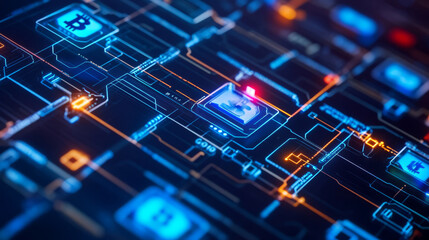 Fototapeta premium A digital currency exchange, with multiple cryptocurrency wallets displayed on screens and blockchain nodes visualized across the network, highlighting the tech financial impact,
