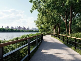 Riverside park with lush greenery and vibrant flowers, inviting relaxation and nature exploration.