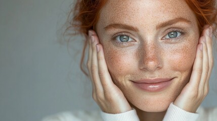 A young influencer with red hair smiles warmly while gently holding her face, exuding confidence and radiating positivity in soft, natural light