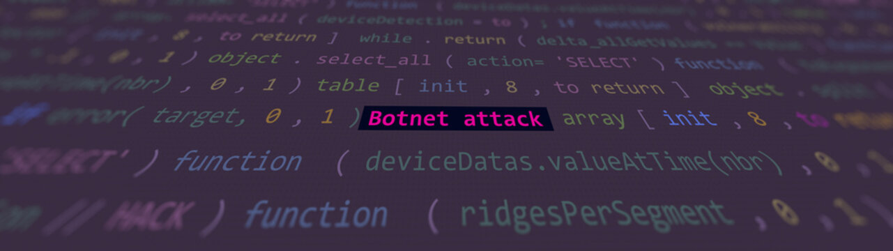 Cyber attack botnet attack text in foreground screen of code editor developer studio point of vue. Vulnerability text in attack system ascii. Text in English, English text