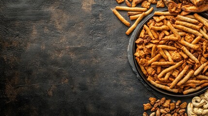 Crunchy Snack Assortment on Rustic Table Surface