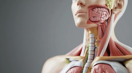 Detailed anatomical model showcasing the human throat, neck, and brain structures for educational and medical purposes.