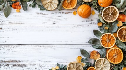 white wooden surface with orange and green leaf garland, dried oranges and lemons scattered among...