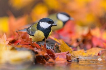 Two great tit sits by the forest pond and drink water. Parus major