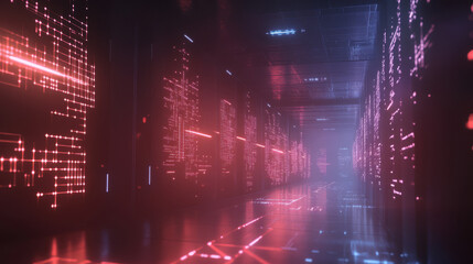 A futuristic data center secured by quantum encryption, with glowing networks visualizing encrypted information flowing through the system,