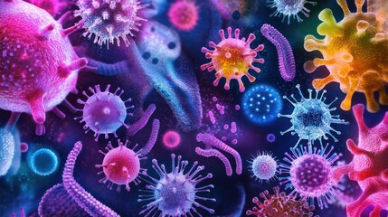 Colorful depiction of various microorganisms and viruses in a scientific illustration.