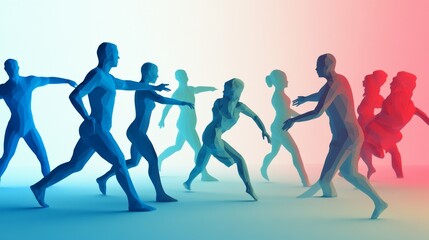 Dynamic silhouette figures in motion against a vibrant gradient backdrop, embodying energy, movement, and creativity.