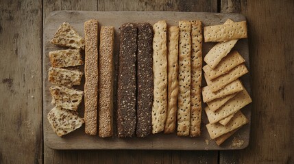 Assorted Crackers and Breadsticks on Wooden Board