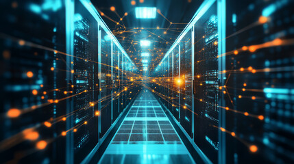 A futuristic data center secured by quantum encryption, with glowing networks visualizing encrypted information flowing through the system,