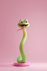 Fototapeta premium Illustration, pink and green snake, with a contented expression. The background of the illustration on the ID card is pink, with a semi-lateral composition. It's a fu picture in the year of the snake.