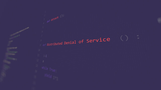 Cyber attack distributed denial of service text in foreground screen, hands of a anonymous hacker on a led keyboard. Vulnerability text in informatic system style, code on editor screen.