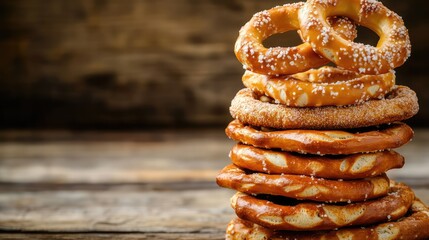 Tasty Pretzels Stacked on Rustic Wooden Table