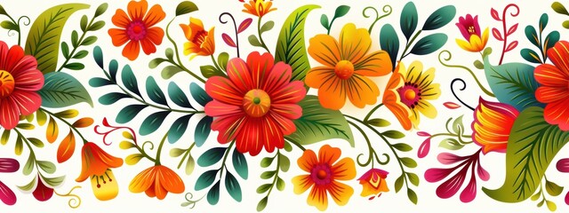 Vibrant Mexican Floral Geometric Pattern, intricate designs in red, green, yellow, festive energy, cultural heritage, seamless folk art style.