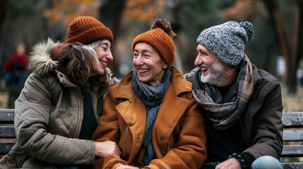 Fototapeta premium Unity, friendship, and shared experiences across generational and racial divides. Senior old people of diverse racial backgrounds engaging in conversation on a park bench