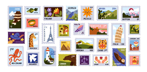 Post stamps set. World landmarks, attractions, travel mail cards, letter stickers, postage. International postal souvenirs with country symbols. Flat vector illustrations isolated on white background © Good Studio