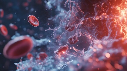 Illustrate detailed platelets (thrombocytes) floating in the bloodstream, capturing their unique shape and function within the body's circulatory system, ideal for educational and medical visuals. 