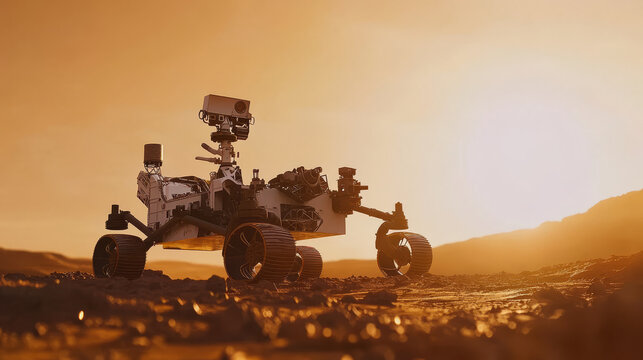 A Mars rover exploring the red planet surface, sending back data and images to Earth,