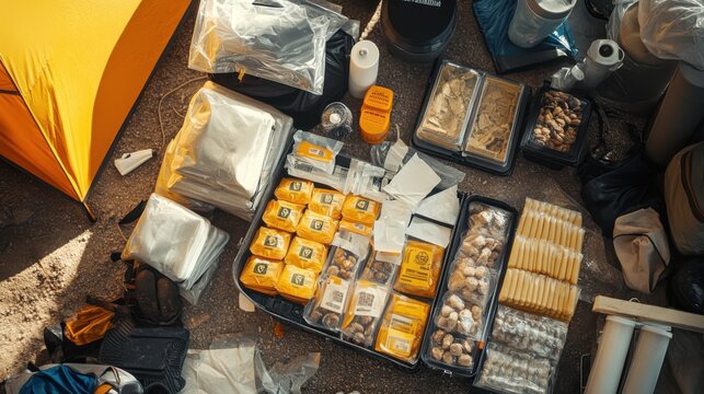 A top-down view of emergency food rations packaged neatly, with a camping setup in the background. The focus is on the rations' branding and details.