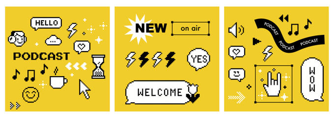 Podcast concept cover set. Pixel art. Square covers with y2k pixel elements. Bright modern background for ig, post, podcast blog, poster, bg. Music, radio, smile. Mood of 90's aesthetics. 8 bit icon