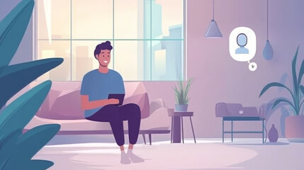 A person interacting with an AI mental health chatbot, receiving cognitive behavioral therapy guidance through natural conversation, promoting emotional well-being