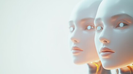 Futuristic robot heads with sleek lines and expressive features, symbolizing advanced technology and artificial intelligence.