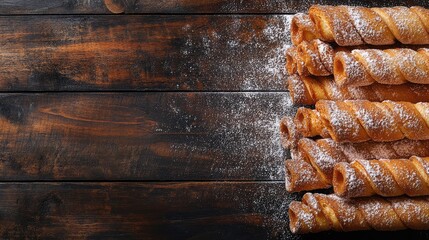 Golden Pastry Twists with Powdered Sugar on Wood Surface
