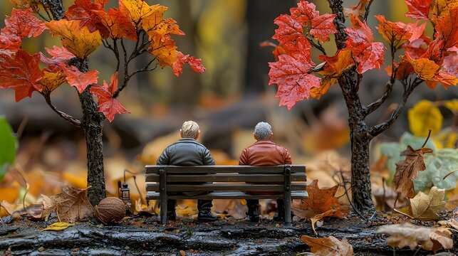 Miniature Veterans Seated on Tiny Benches in Autumn