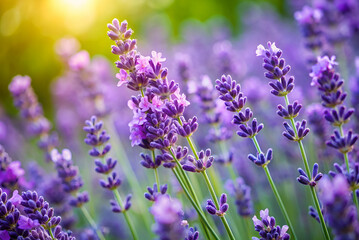 Obraz premium A vibrant field of lavender blooms under sunlight, showcasing their delicate purple flowers and lush green stems in a picturesque setting.