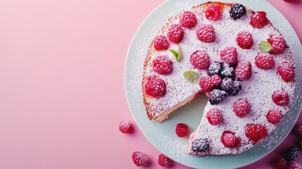 Fresh Raspberry Cake on a Pink Background