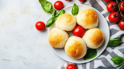 Freshly Baked Bread Rolls with Cherry Tomatoes and Basil