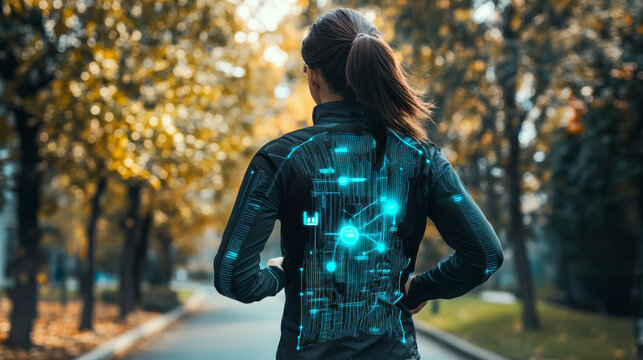 A person wearing smart athletic wear made from e-textiles, with embedded sensors tracking movement and sending data to a fitness app