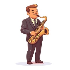 Naklejka premium Cartoon jazz musician in a suit playing a saxophone on a white background.