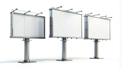 Obraz premium Three blank billboards standing together, ready for advertising on a white isolated background.