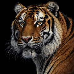Fototapeta premium A hyper-detailed charcoal drawing capturing a close-up of a tigers face set against a deep black background. Its fierce golden eyes, shaded with precision, appear to glow, conveying an intense inner f
