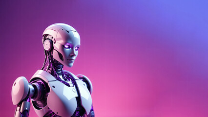 Futuristic robot, cyborg on a pink and purple background cyborg