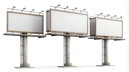 Obraz premium Three empty promotion billboards on tall posts against a white isolated background.
