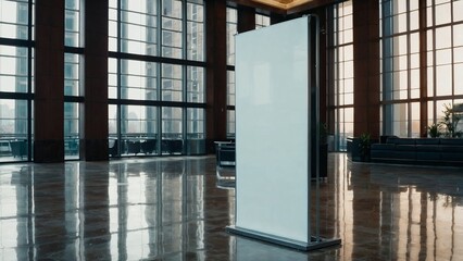 Vertical empty white banner mockup inside a building foyer in an office center