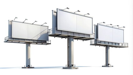 Obraz premium Three blank billboards on poles, ready for advertisement, isolated on a white background.