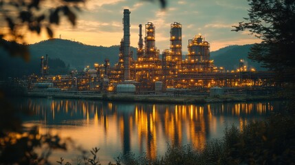 Fototapeta premium A large industrial complex with illuminated structures, reflected in the water of a river at sunset, framed by foliage.