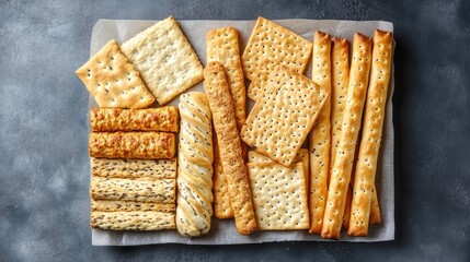 Assorted Crackers on a Dark Surface