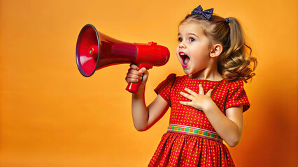 Young girl excitedly using a megaphone against a orange background for promotion advertisement