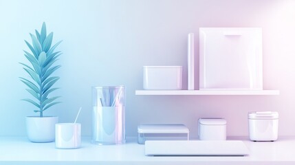 Minimalist workspace featuring a plant, storage boxes, and stationery in soft pastel colors for a calming aesthetic.