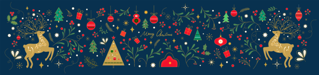 Merry Christmas cover design with Christmas deers, toys and decorative branches. Christmas greeting card. Christmas illustration in Scandinavian style with Christmas tree and Christmas reindeer.